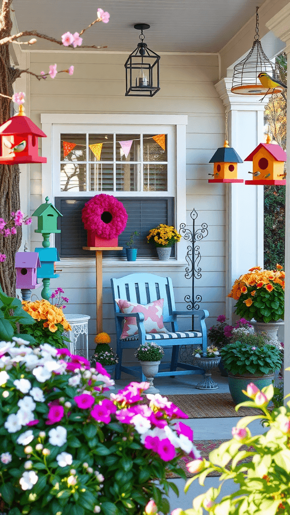 Colorful birdhouses and feeders on a spring porch with flowers and plants.