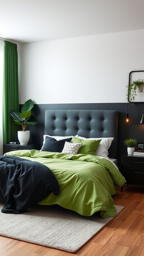 A modern black and green bedroom featuring a green bedspread, black headboard, and green curtains.