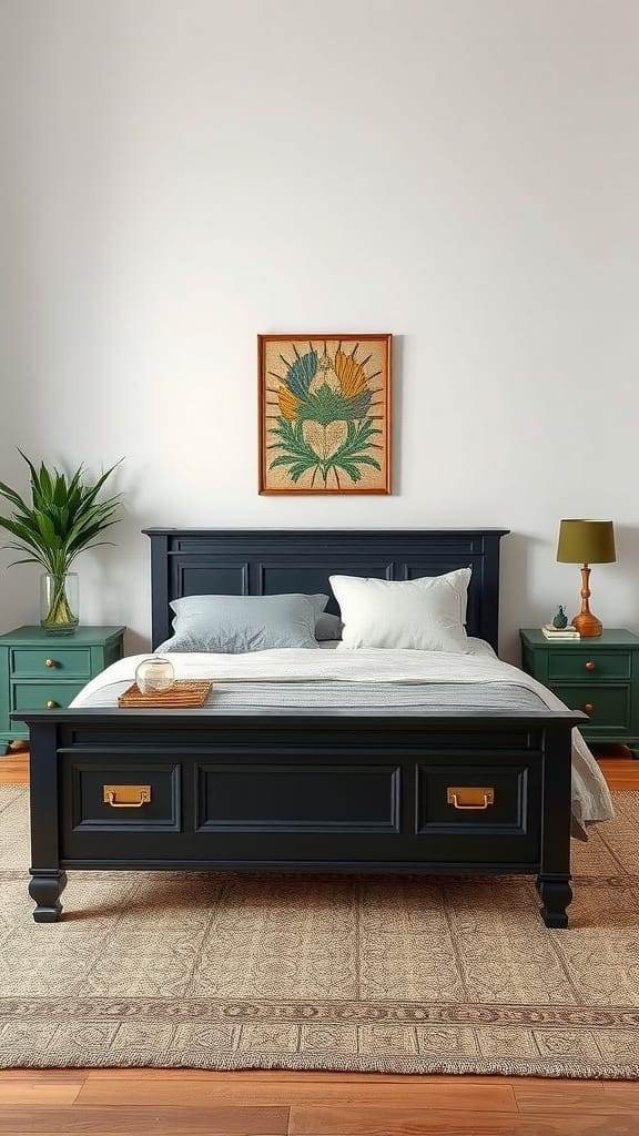 A cozy bedroom featuring black furniture and green accents, showcasing a black bed frame, green nightstands, and soft bedding.
