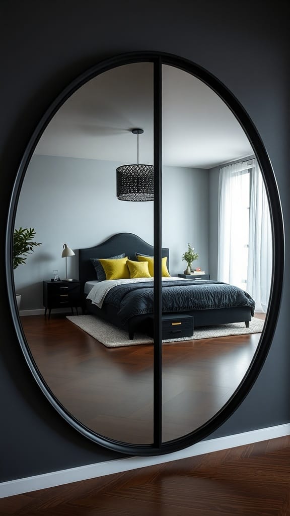 A stylish black mirror reflecting a cozy black and green bedroom with yellow accents.