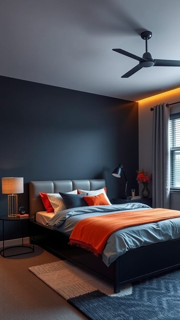 A modern teen boy bedroom featuring dark walls and bright orange accents.