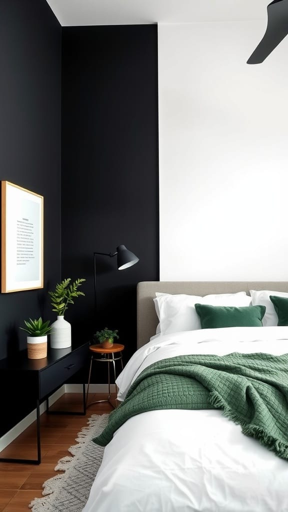 A cozy bedroom featuring a bold black accent wall with green bedding and decor.