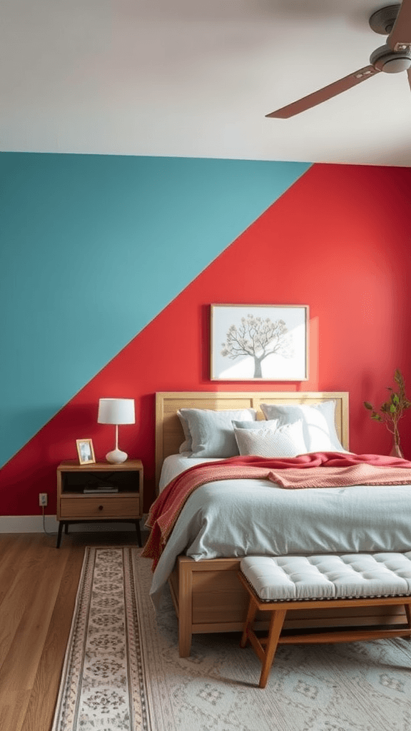 A cozy modern bedroom with pink and blue accent walls, a small table, and a comfortable chair.