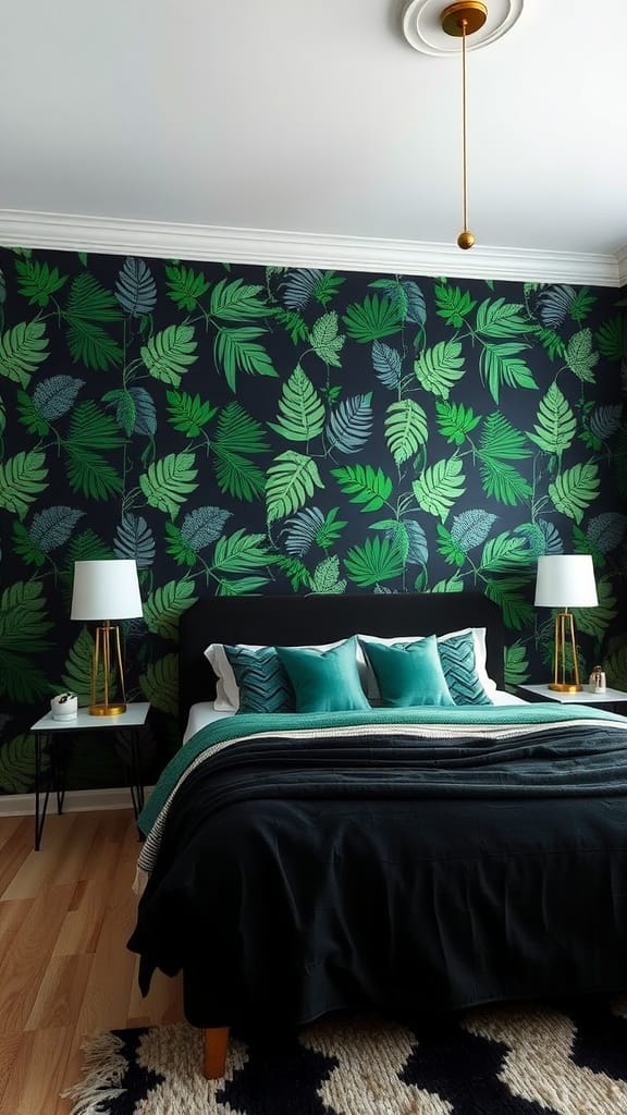 A stylish bedroom featuring black and green leafy wallpaper, black bedding, and green accent pillows.