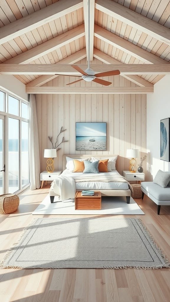 Coastal bedroom with wooden beams, large windows, and beach-themed decor.