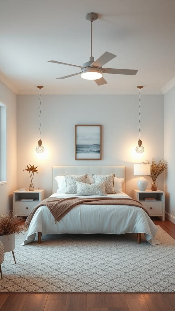 Cozy coastal bedroom with warm lighting and a soft color palette.