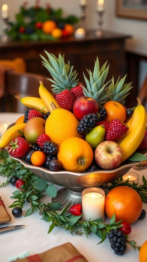 A beautiful fruit display centerpiece on a dining table with candles and elegant decor.