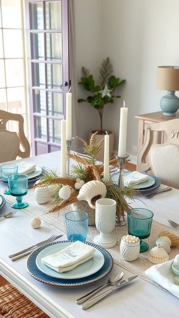 A beautifully set dining table with seaside-inspired centerpieces including driftwood and blue candles.