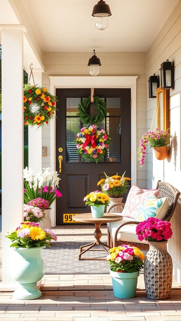 A beautifully decorated front porch with vibrant flower pots and hanging plants.