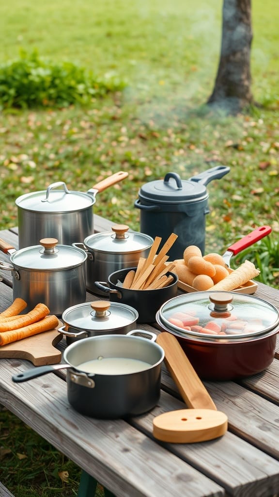 Outdoor kitchen cookware including pots, pans, and wooden utensils on a table.