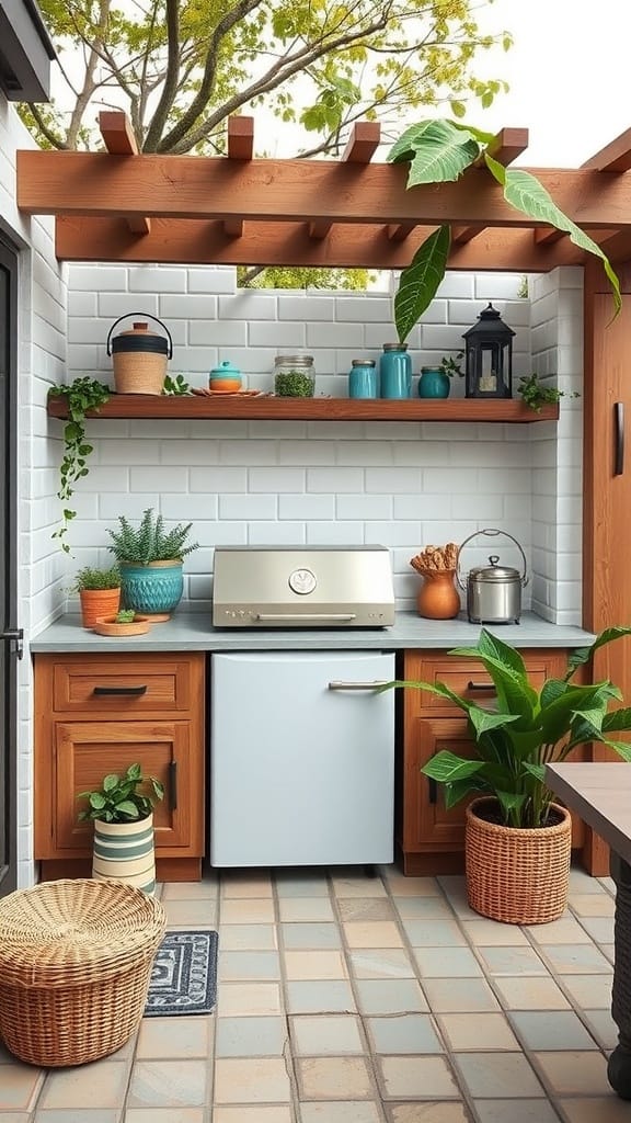 An outdoor kitchen setup featuring a small refrigerator, wooden shelves with plants, and a grill.