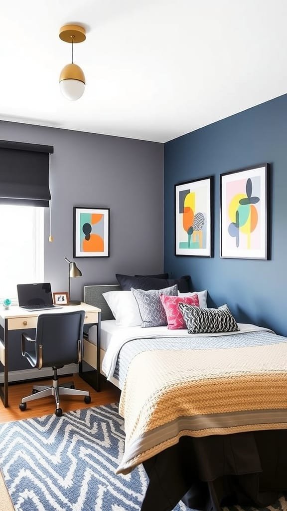 A modern teen boy bedroom featuring a cozy bed with orange accents, a workspace, and colorful wall art.