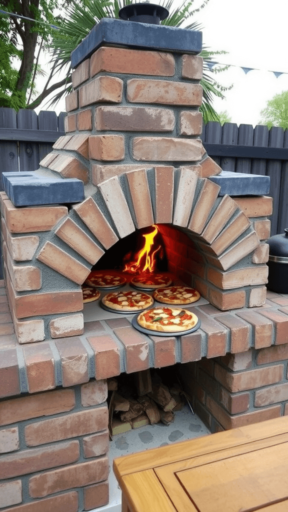 A rustic outdoor pizza oven with pizzas inside, showcasing a vibrant fire.