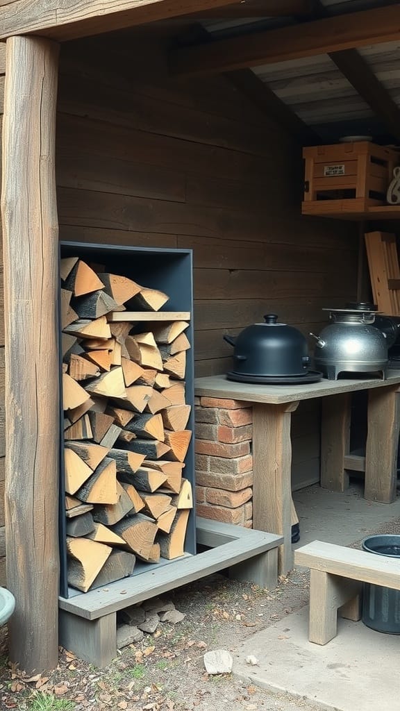 Outdoor firewood storage with stacked logs next to an outdoor kitchen.