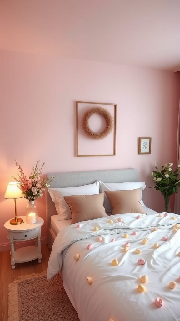 A soothing pink bedroom with a neatly made bed, decorative flower petals, and soft lighting.