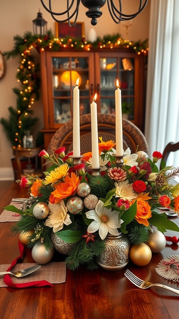 A festive dining room table centerpiece featuring flowers and candles, perfect for holiday celebrations.