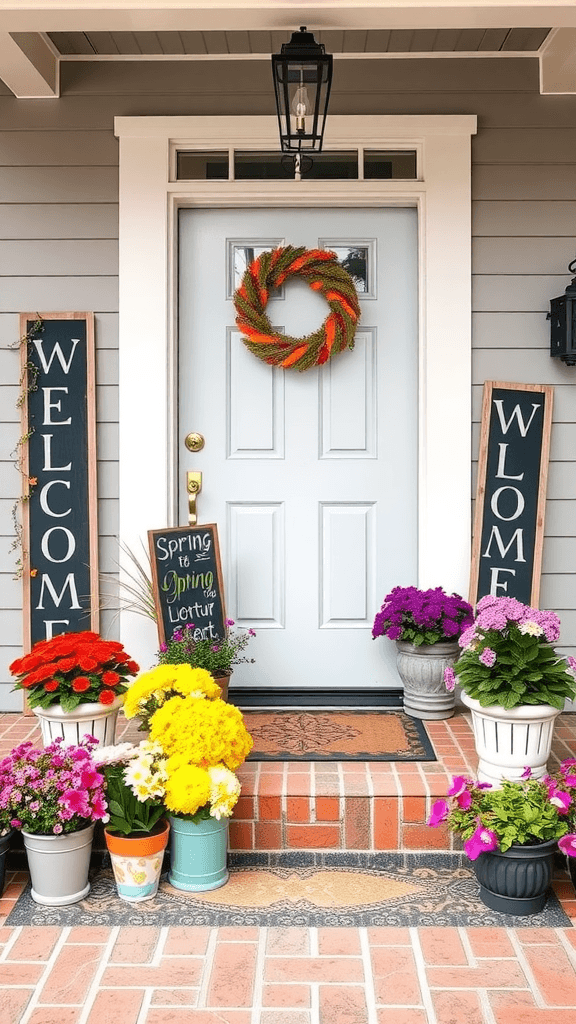 A front porch decorated with chalkboard signs and colorful flower pots, showcasing spring decor.