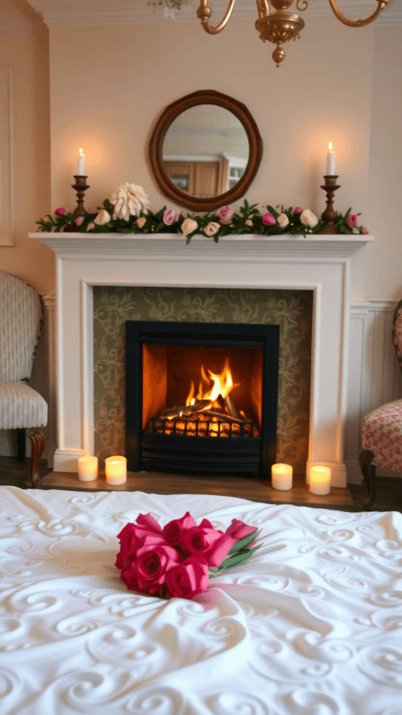 A romantic bedroom featuring a charming fireplace, soft bedding, and elegant decor.