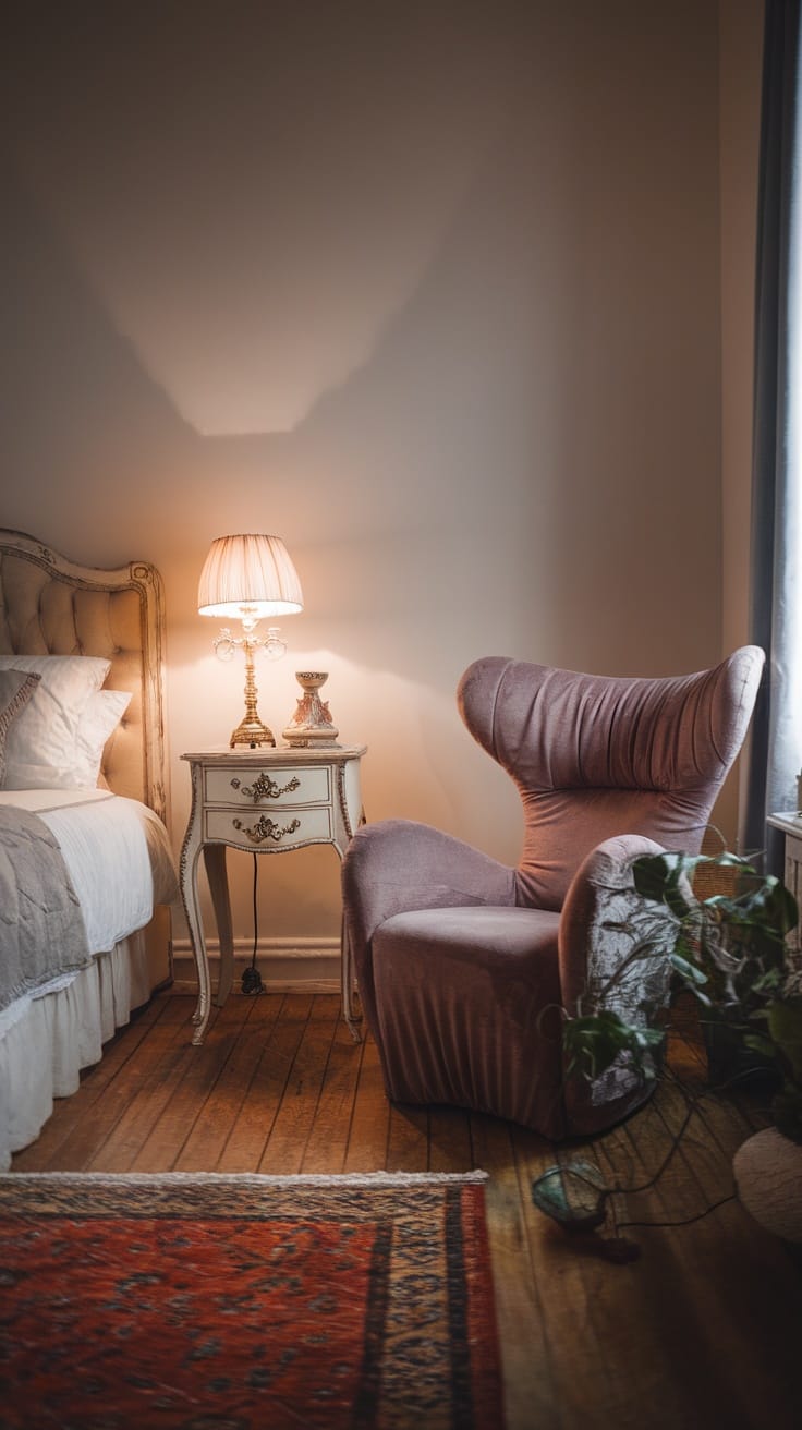 A romantic bedroom featuring a plush velvet accent chair beside a vintage nightstand with a lamp.
