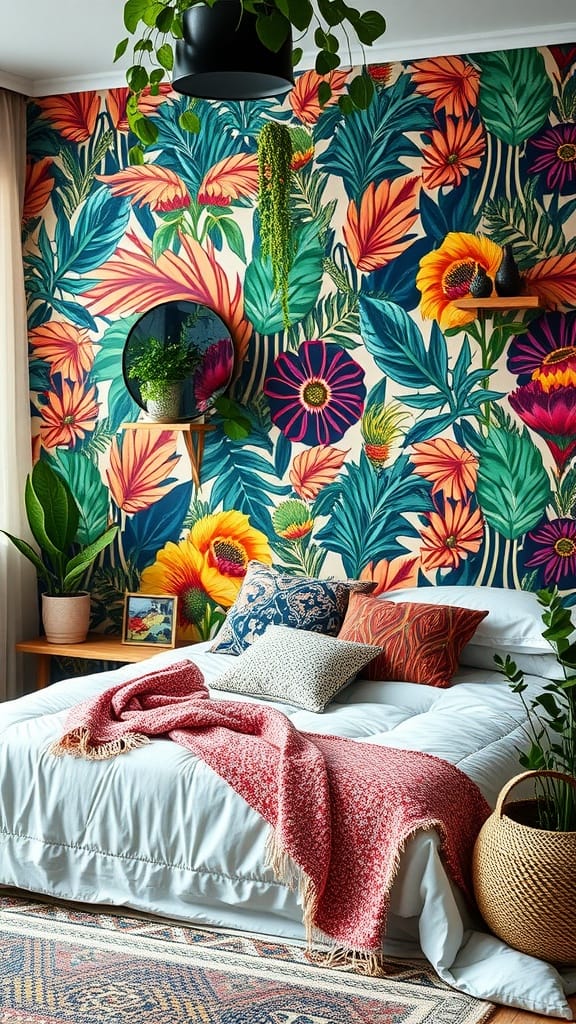 Boho chic bedroom featuring bold floral wallpaper and cozy decor.