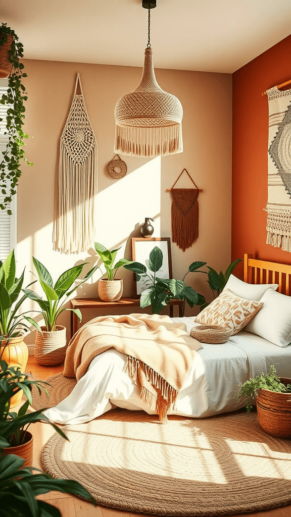 Cozy boho chic bedroom with earthy tones and plants.