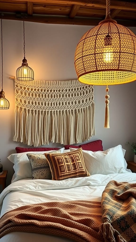 A warm and inviting boho chic bedroom featuring unique statement lighting and decorative elements.