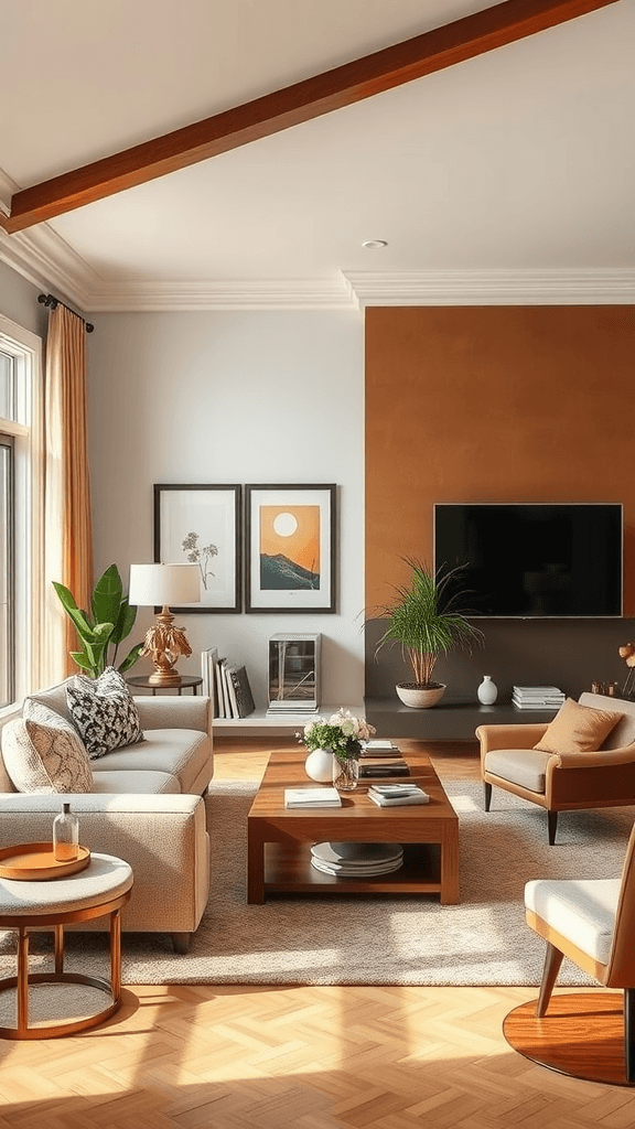 A cozy living room featuring a teal wall, a yellow sofa, and a green plant.
