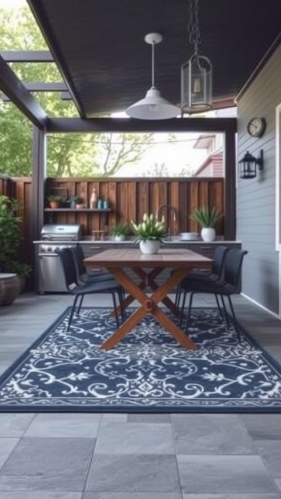 A stylish outdoor kitchen with a dining table set on a decorative rug.