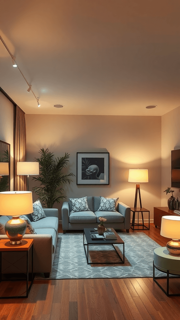 A stylish living room with various lighting options, including lamps and ceiling lights, creating a warm atmosphere.