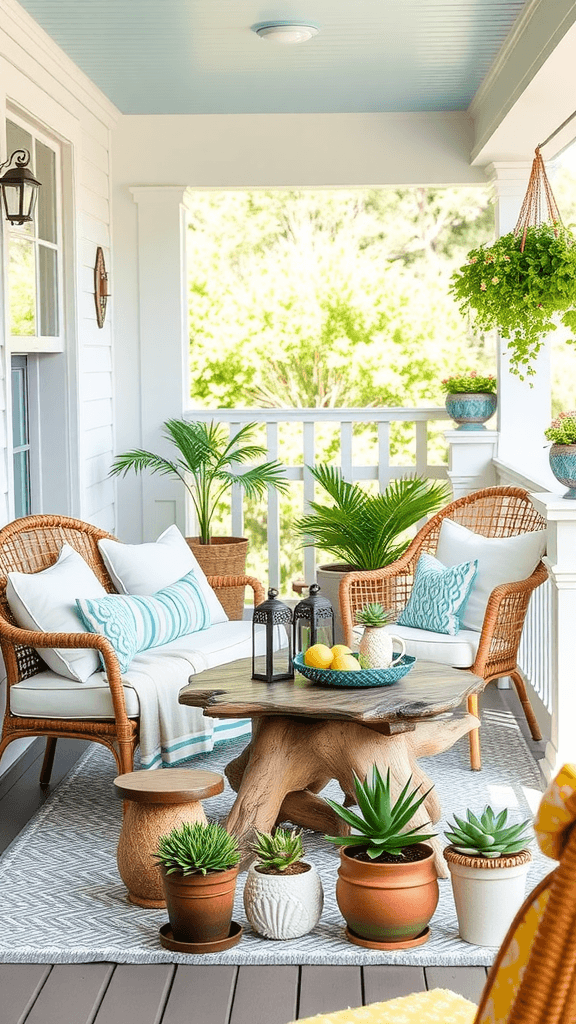 Coastal-inspired spring porch decor featuring wicker chairs, a wooden table, and green plants.