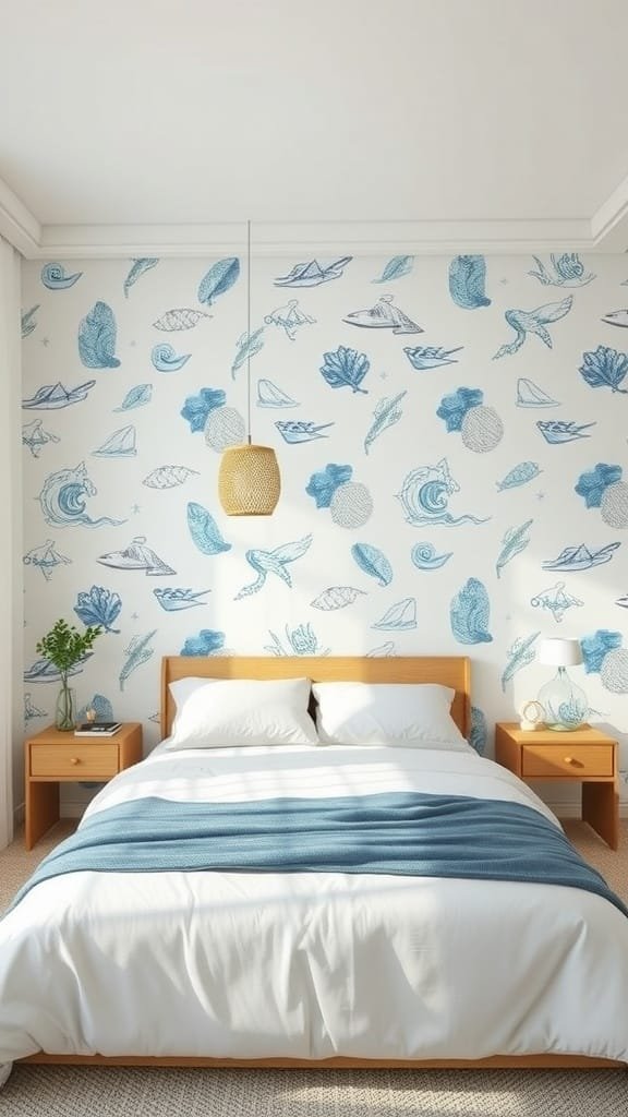 A cozy bedroom featuring coastal-inspired wallpaper with blue nautical motifs