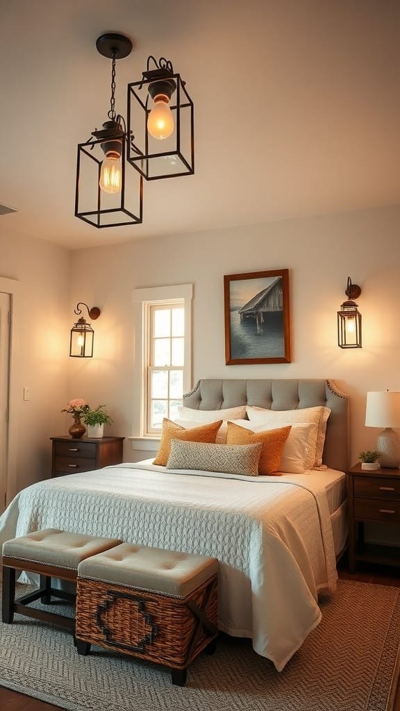 A cozy coastal bedroom with lantern lighting above the bed.