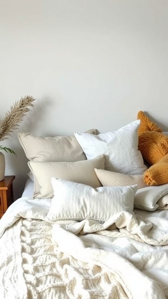 A cozy coastal bedroom with textured fabrics, featuring soft linens and a warm color palette.