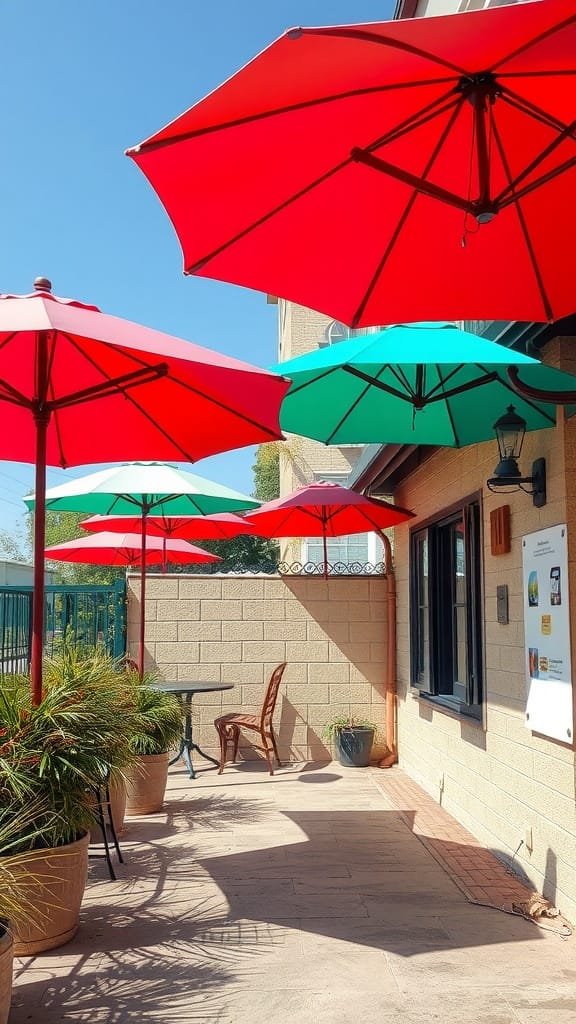 Colorful patio umbrellas in red and green providing shade over a small backyard patio.