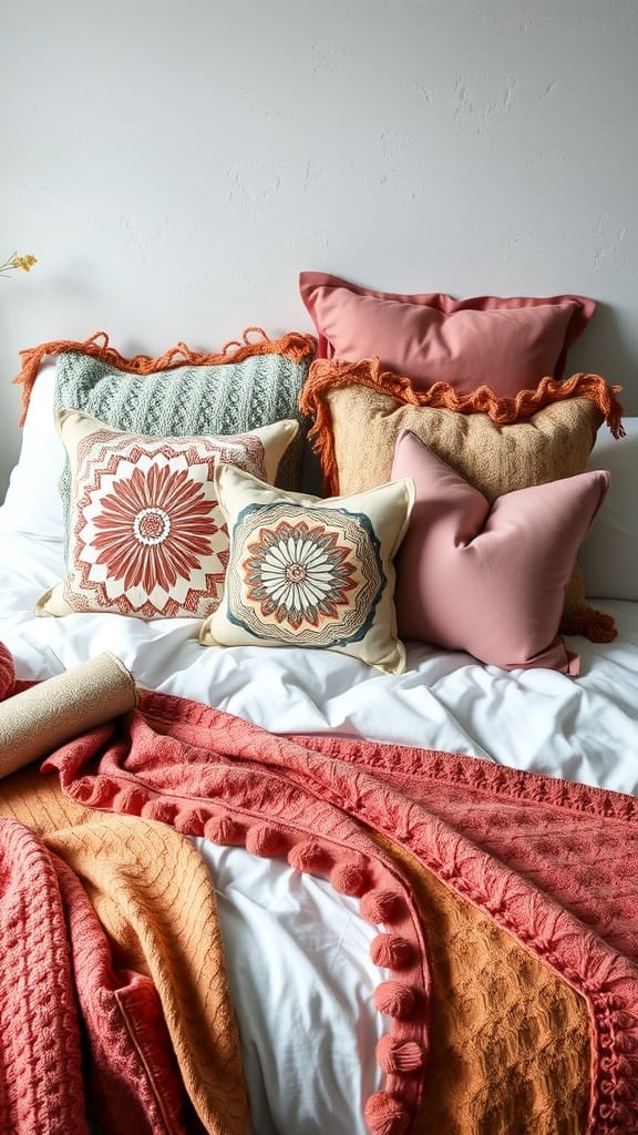 Colorful pillows and blankets on a bed for a modern bedroom design.