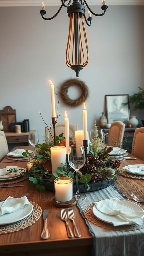 A cozy dining room table centerpiece featuring candles, greenery, and elegant table settings.
