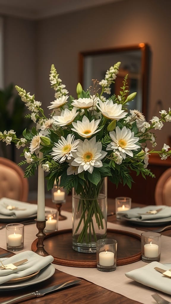 A beautiful floral centerpiece with white daisies and green leaves on a dining table, surrounded by candles.