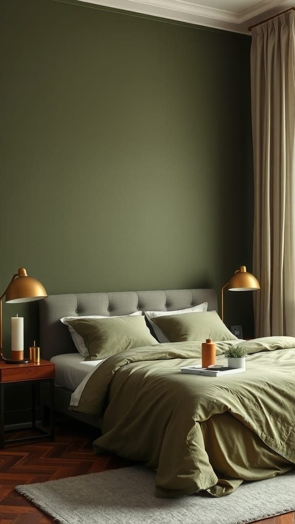 An olive green bedroom with metallic accents, featuring a cozy bed, stylish lamps, and a warm color palette.