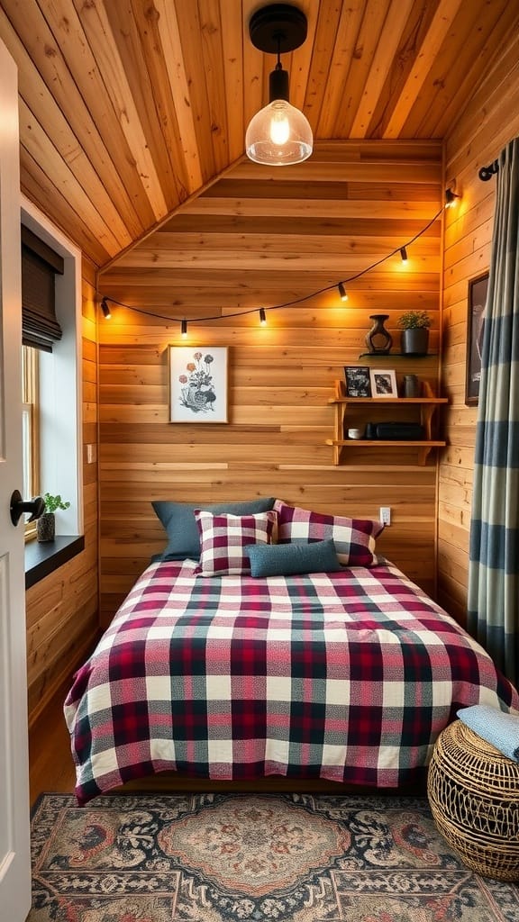 Cozy modern teen boy bedroom with rustic elements.
