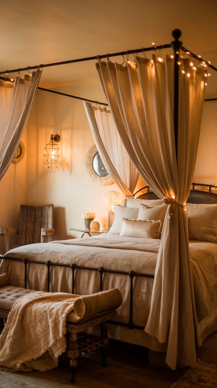 A cozy canopy bed with soft fabrics and fairy lights, creating a warm atmosphere.
