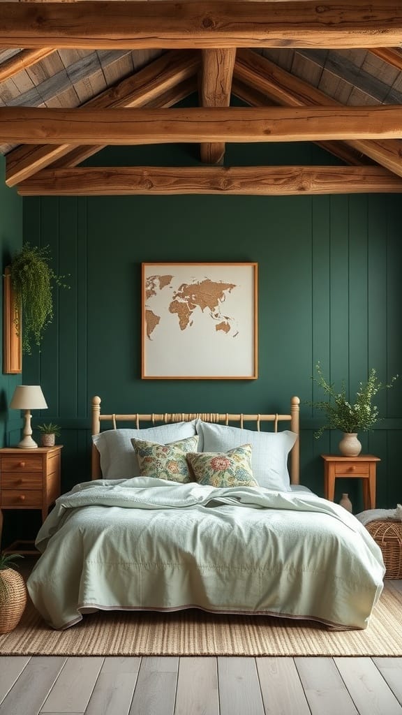 A cozy bedroom featuring a forest green accent wall, wooden beams, and soft textiles.