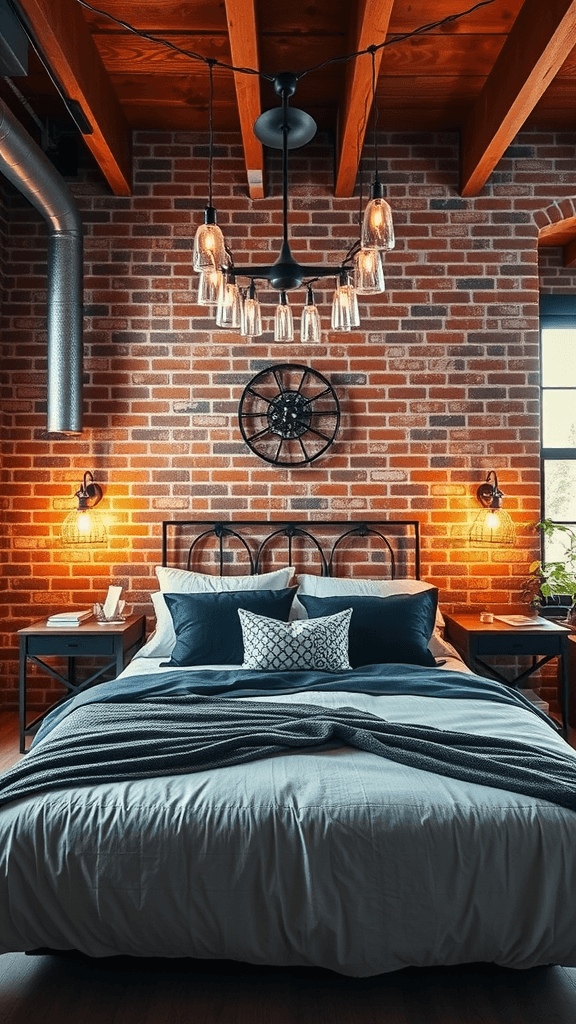 A cozy industrial-style bedroom featuring exposed bricks, wooden flooring, and a warm lighting setup.