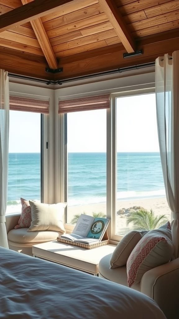 Cozy reading nook in a coastal bedroom with ocean view.