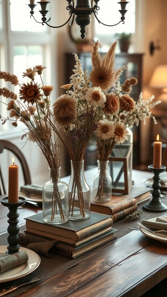 A dining room table decorated with dried flowers in glass vases, vintage books, and candle holders.