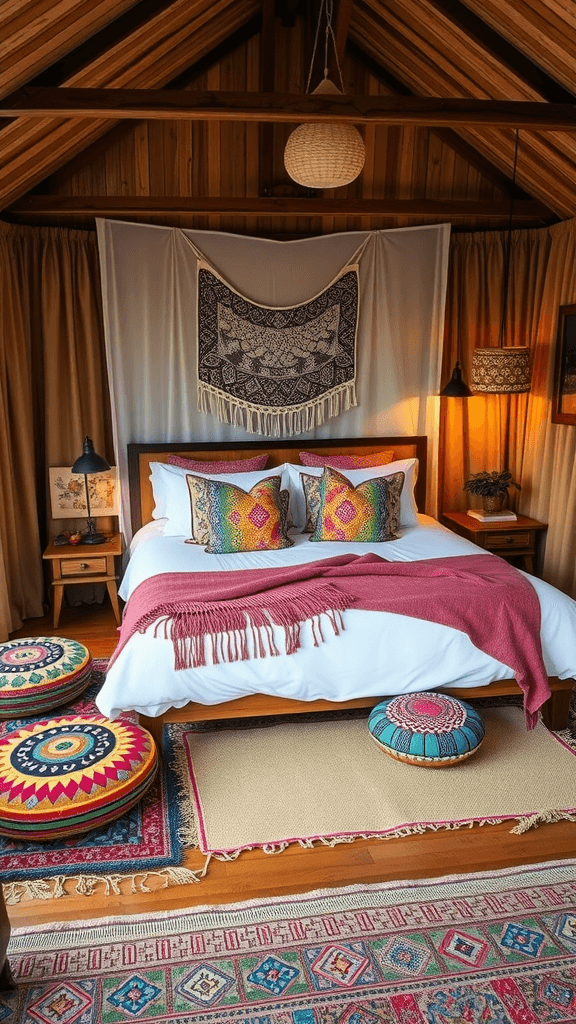 Cozy nook with floor cushions in a boho chic bedroom