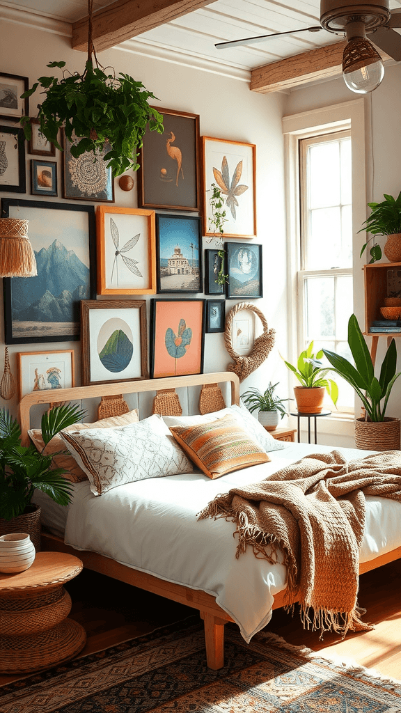 An eclectic gallery wall featuring various artworks in different frames, with a cozy seating area and plants.