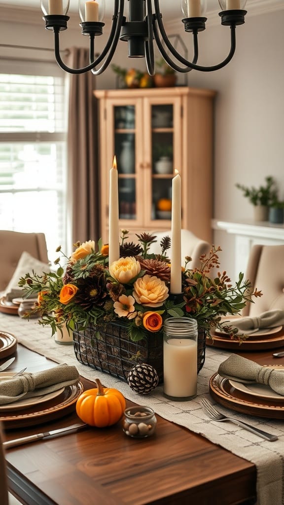 A beautifully set dining table with a floral centerpiece, candles, and decorative elements.