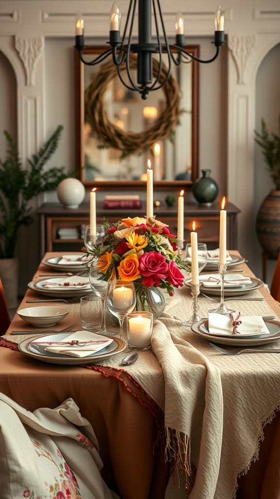A beautifully set dining table with layered textiles and soft lighting, featuring flowers and candles.