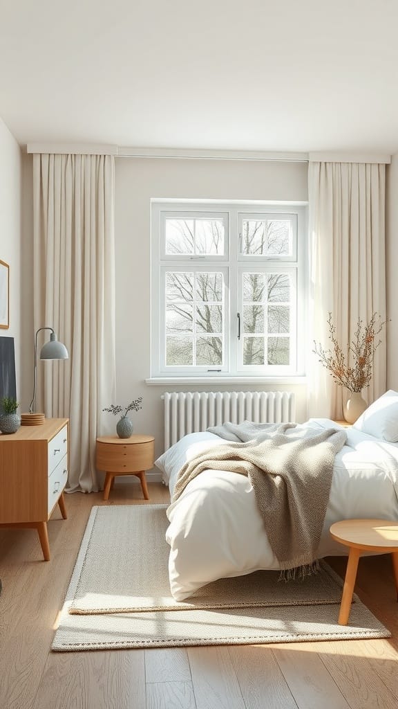 A serene Scandinavian bedroom with neutral colors, showcasing a bed, light curtains, and wooden furniture.