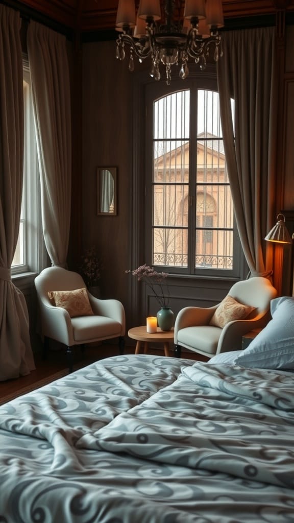 A cozy bedroom featuring a well-made bed, soft bedding, armchairs, and natural light from a large window.
